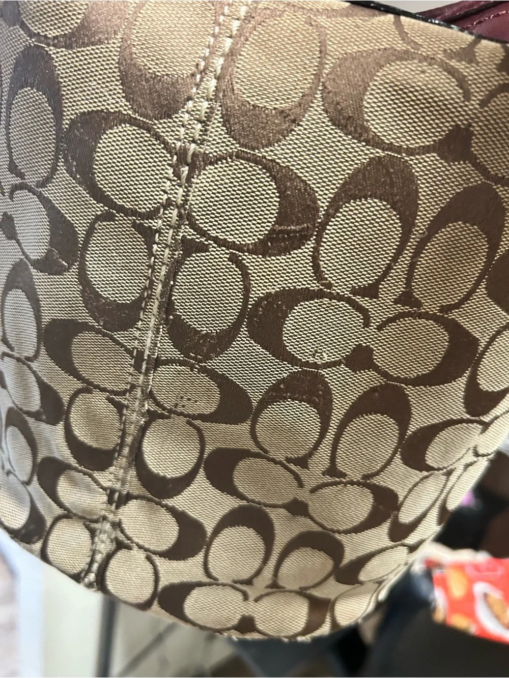 Coach Bleecker Beige Signature Canvas Bucket Bag with Burgundy Trim